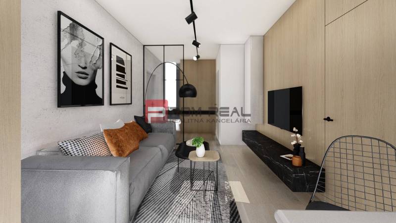 Predaj 3-izbový byt od 184 999 € v projekte Rezidencia Potôčik - Štýlový obývací priestor s pohovkou, umeleckými obrazmi a podlahou s dreveným dekorom.