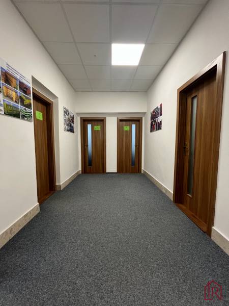 Investičná príležitosť: Polyfunkčná budova 1 000m², Košice-Staré mesto - Chodba budovy s kobercovým podlahám a drevenými dverami, zdobená plagátmi.