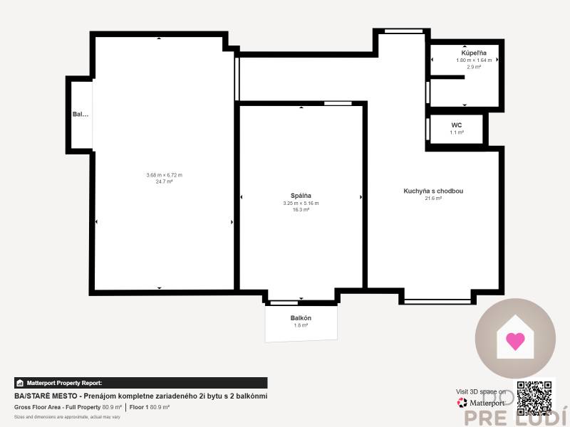 BA/STARÉ MESTO - Prenájom kompletne zariadeného 2i bytu s 2 balkónmi - Pôdorys 2-izbového bytu: obývačka, spálňa, kuchyňa s chodbou, kúpeľňa, WC, dva balkóny.