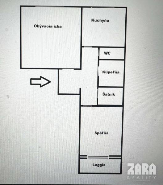 SOFIJSKÁ -  Pekný 2 izbový byt, 52m² + LOGGIA, 7/8 posch. - Pôdorys 2-izbového bytu s obývacou izbou, kuchyňou a loggiou.
