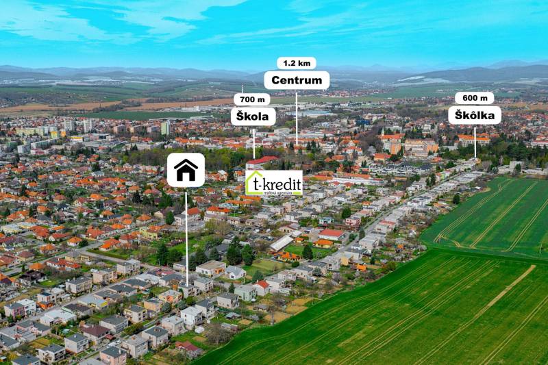 PREDAJ - RODINNÝ DOM - ZLATÉ MORAVCE - Pohľad na rodinné domy v Zlatých Moravciach s označením vzdialeností od centra.