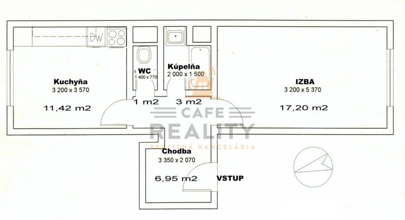 PRENÁJOM 1 izbový byt, 40 M2, Bratislava, Ružinov, Košická ulica, NIVY - Pôdorys 1-izbového bytu s kuchyňou, kúpeľňou a chodbou, celková plocha 33,57 m².