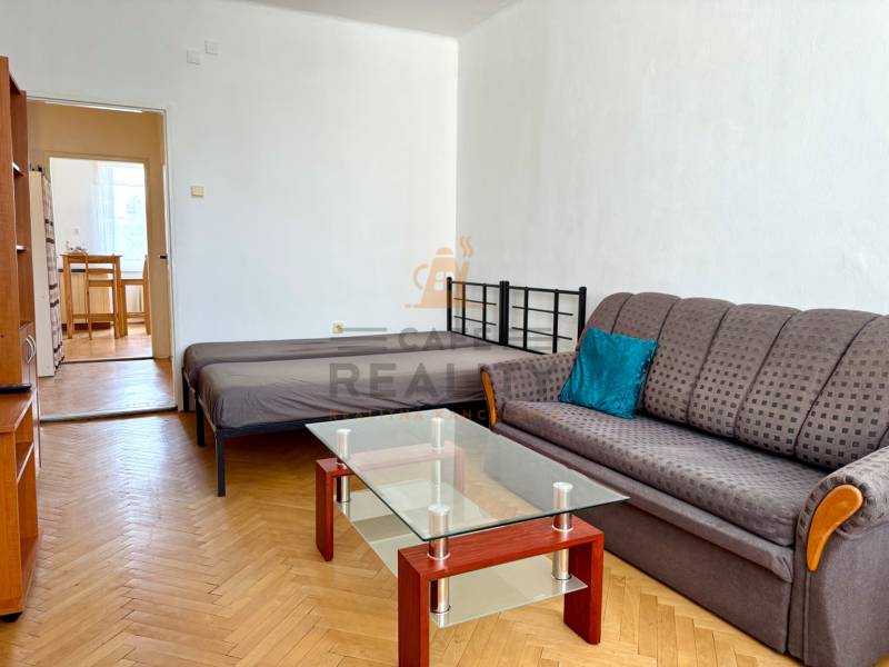 PRENÁJOM 1 izbový byt, 40 M2, Bratislava, Ružinov, Košická ulica, NIVY - Obývacia izba 1-izbového bytu s pohovkou, posteľou, skleneným stolíkom a podlahou s dreveným dekorom.