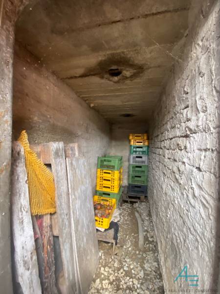 RD so záhradou, pivnicou garážou na Myjave.  - Úzky kamenný sklad v rodinnom dome s plastovými prepravkami na zeleninu.