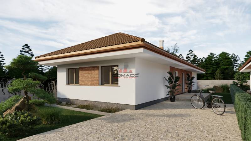 Nová výstavba posledná  4iz. Novostavba Veselé pri Piešťanoch - Rodinný dom v obci Veselé s terasou, bicyklom a upraveným dvorom na ulici Veselé.