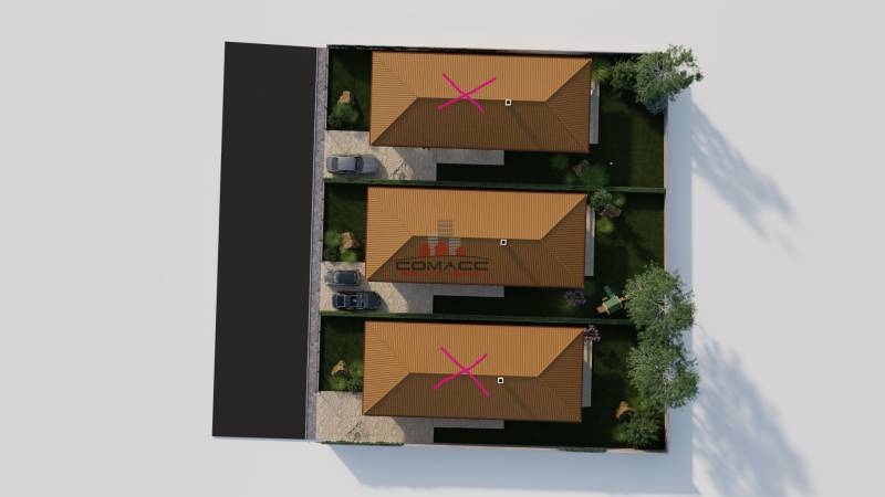 Nová výstavba posledná  4iz. Novostavba Veselé pri Piešťanoch - Letecký pohľad na tri rodinné domy v Veselom na ulici Veselé s okolitou záhradou.