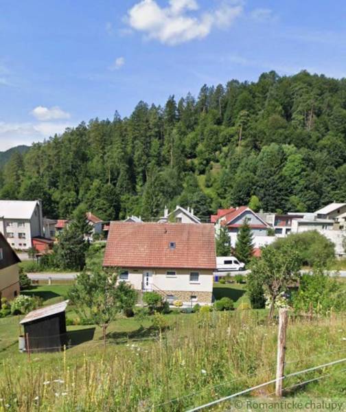 Veľkorysý 10-árový pozemok, slnečná nehnuteľnosť, priestranné bývanie  - Rodinný dom v Liptovských Revúcach obklopený zeleňou a ďalšími domami na pozadí lesa.