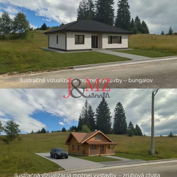 Stavebný pozemok kúsok od lyžiarskych vlekov Čierny Balog - Bexeľ - Pozemky - bývanie v Čiernom Balogu: ilustrácia možnej výstavby bungalovu a zrubovej chaty.