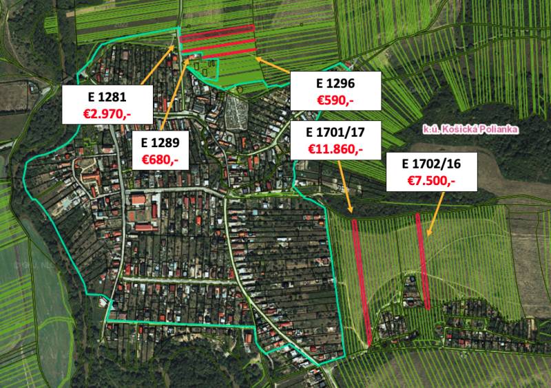 Košická Polianka – 2.600 m2 ORNÁ PÔDA - Letecký pohľad na poľnohospodárske a lesné pozemky v Košickej Polianke s vyznačenými cenami.