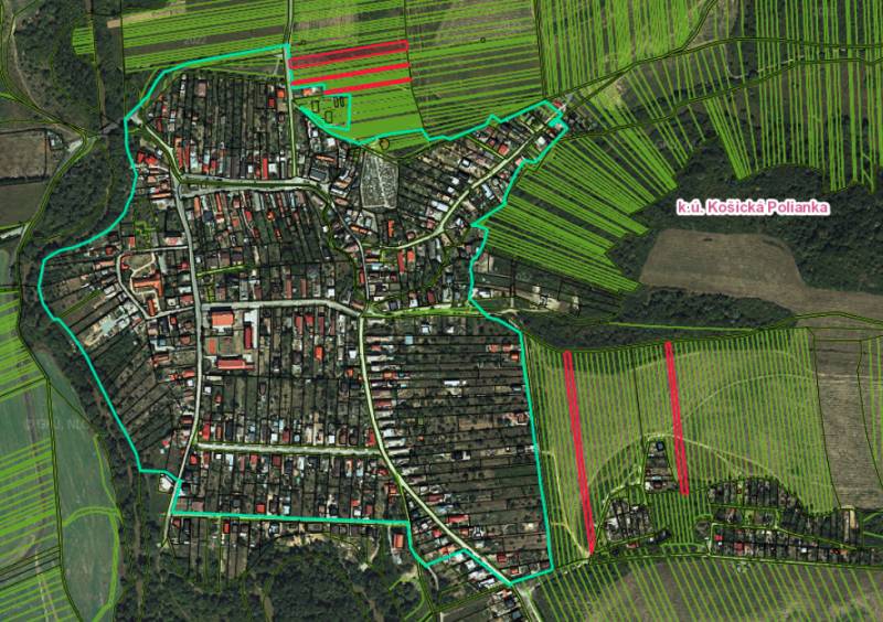 Košická Polianka – 2.600 m2 ORNÁ PÔDA - Letecký pohľad na poľnohospodárske a lesné pozemky v Košickej Polianke.