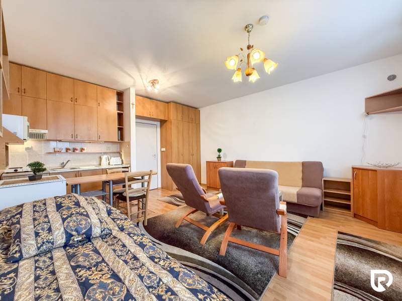 Na prenájom garsónka 30m2, Východná - Trenčín - Garsónka s posteľou, kuchynským kútom a podlahou s dreveným dekorom.