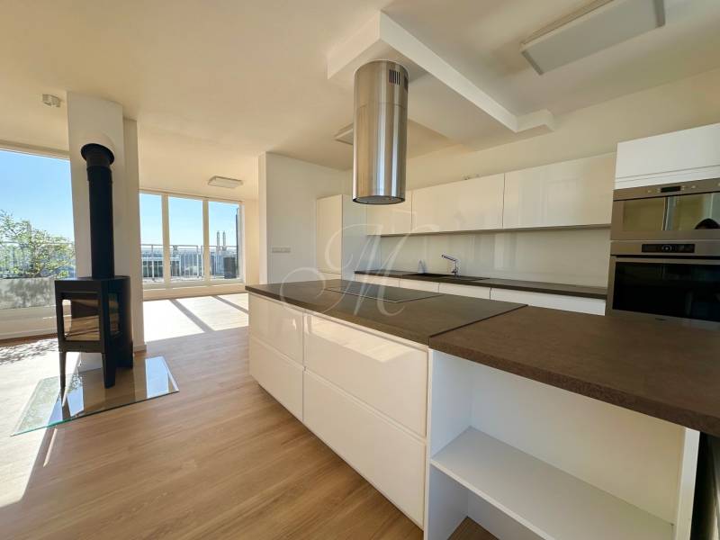 4i mezonet s dvoma terasami, balkónom a parkovaním - Kuchyňa v 4-izbovom byte s krbom a podlahou s dreveným dekorom.