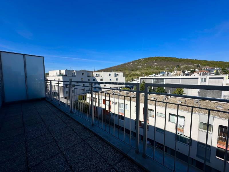 4i mezonet s dvoma terasami, balkónom a parkovaním - Výhľad z terasy 4-izbového bytu na ulicu Rubínová v Bratislave - Ružinove.