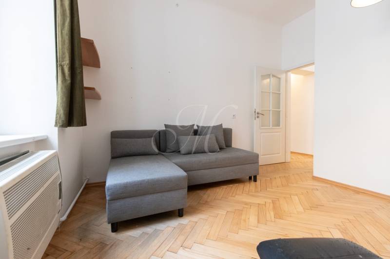 Priestranný 4-izbový byt s predzáhradkou, Staré Mesto - Šedá sedačka s vankúšmi a podlaha s dreveným dekorom v 4-izbovom byte.