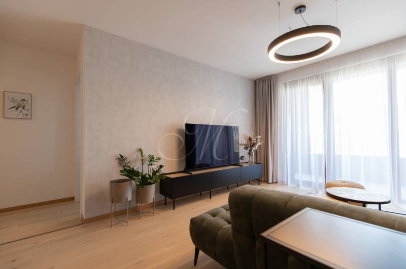 2-izbový byt s lodžiou v projekte Zwirn - Obývací priestor v 2-izbovom byte s podlahou s dreveným dekorom a televízorom.