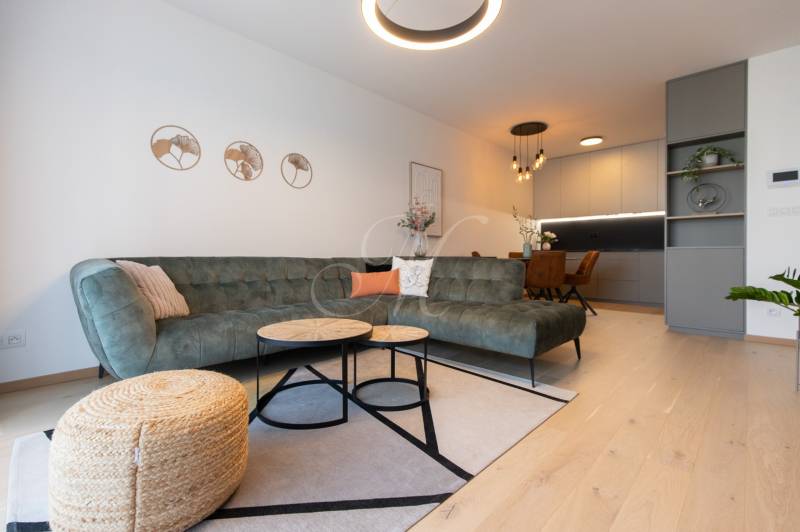 2-izbový byt s lodžiou v projekte Zwirn - Obývacia izba v 2-izbovom byte s pohovkou, konferenčnými stolíkmi a podlahou s dreveným dekorom.