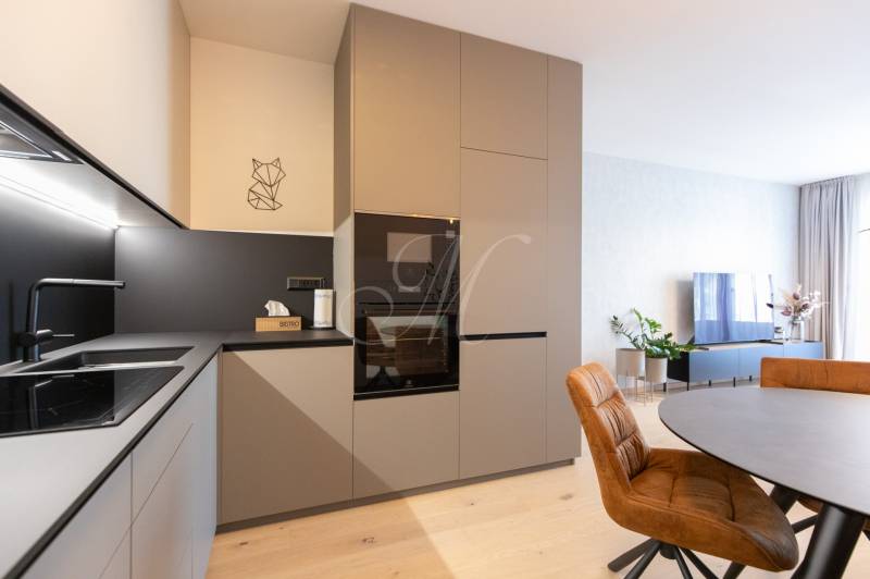 2-izbový byt s lodžiou v projekte Zwirn - Kuchynská linka s elektrospotrebičmi a jedálenským stolom v 2-izbovom byte, podlaha s dreveným dekorom.