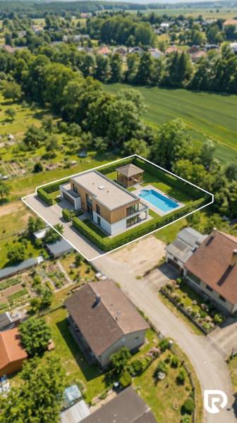 Predaj pozemku 1091m2 v Jablonici  - Vizualizácia moderného domu s bazénom v Jablonici, na pozemku pre bývanie.