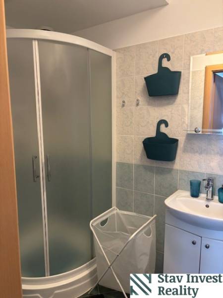 Exkluzívny investičný apartmán/byt  na predaj v srdci Donovál  - Kúpeľňa v 1-izbovom byte s rohovým sprchovacím kútom a bielymi doplnkami.