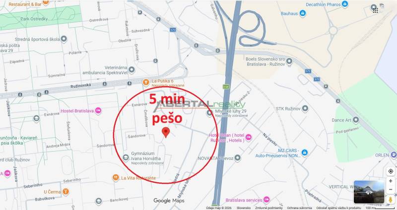Parkovacie státie v Ružinove – pri Gymnáziu I. Horvátha a električke - Mapa, na ktorej je peší okruh v Bratislave - Ružinove na ulici Exnárova.