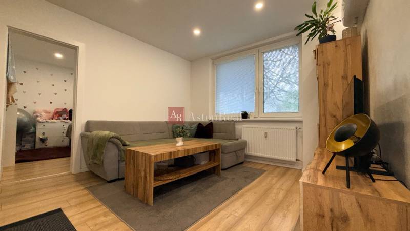 KOMPLETNE prerobený 4i byt s balkónom, 77m2 - ZÁTVOR - Obývacia izba v 4-izbovom byte s podlahou s dreveným dekorom a pohodlnou sedačkou.