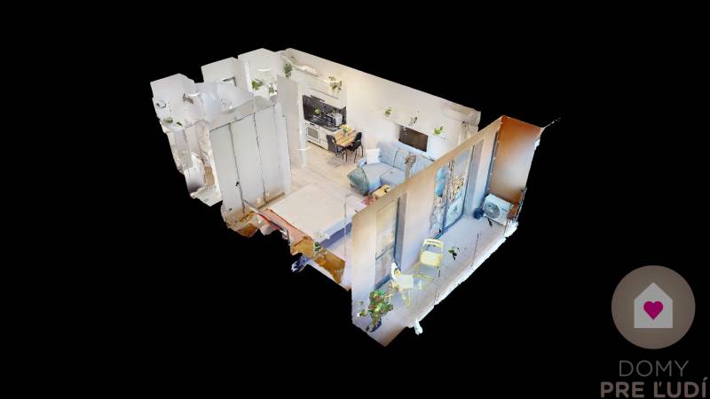 BA/PETRŽALKA-Prenájom 1i bytu s klimatizáciou a balkónom - Slnečnice - 3D model interiéru 1-izbového bytu s pohľadom na kuchyňu, obývačku a balkón.