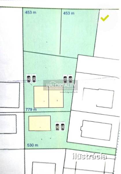 Predaj, pozemok pre rodinné domy  2213 m2 Senec,  Se... - Ilustrácia rozvrhu pozemkov na bývanie v Senci, s rozlohami 453 m² a 530 m².