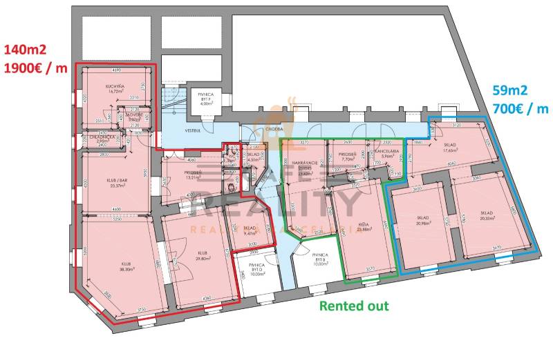 Na prenájom nebytový priestor o výmere 59 m², Bratislava, Štúrova - Pôdorys obchodných priestorov s časťami na prenájom a technickými miestnosťami.
