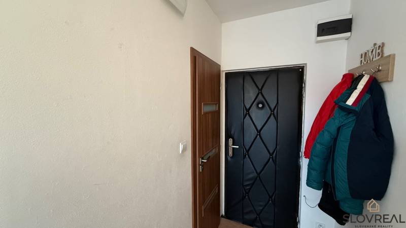 1-izbový byt na prenájom v Hliníku nad Hronom - Vstupná chodba v 1-izbovom byte s čiernymi dverami a vešiakom na bundy.