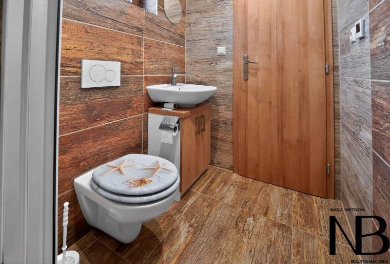 Rodinný dom s veľkým pozemkom a priestorom na podnikanie – T.Jastrabie - Kúpeľňa v rodinnom dome s dreveným dekorom, toaletou a umývadlom.