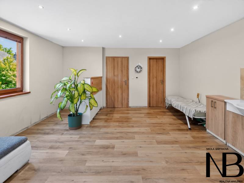 Rodinný dom s veľkým pozemkom a priestorom na podnikanie – T.Jastrabie - Izba s podlahou s dreveným dekorom, rastlinou a dvojicou dverí v Rodinnom dome.