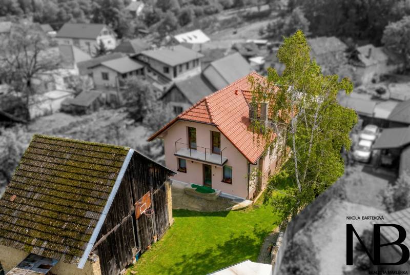 Rodinný dom s veľkým pozemkom a priestorom na podnikanie – T.Jastrabie - Rodinný dom v Trenčianskom Jastrabí s červenou strechou a udržiavanou záhradou.