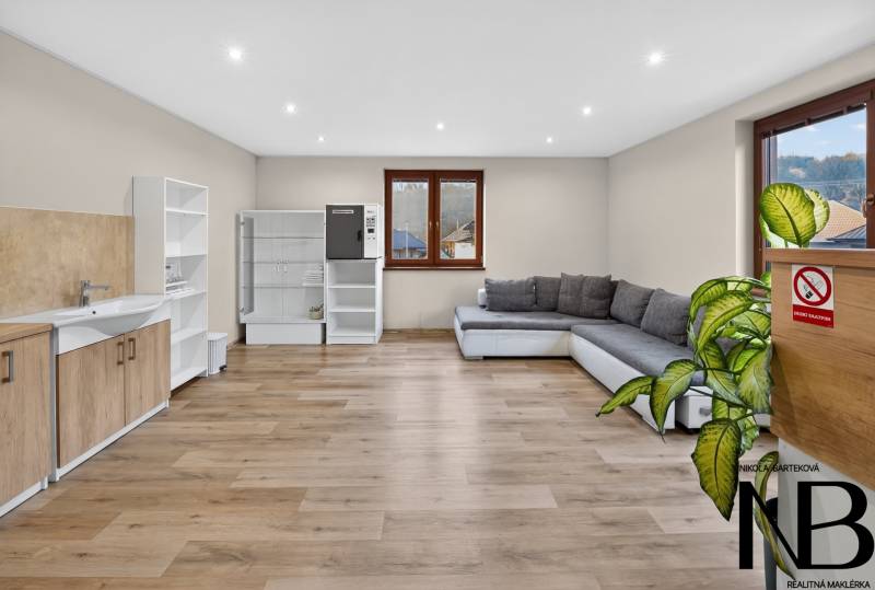 Rodinný dom s veľkým pozemkom a priestorom na podnikanie – T.Jastrabie - Obývacia izba s rohovou sedačkou, podlahou s dreveným dekorom a svetlými stenami v rodinnom dome.
