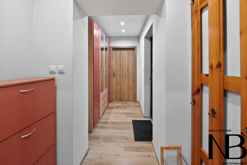 Rodinný dom s veľkým pozemkom a priestorom na podnikanie – T.Jastrabie - Chodba v rodinnom dome s podlahou s dreveným dekorom a skriňou.