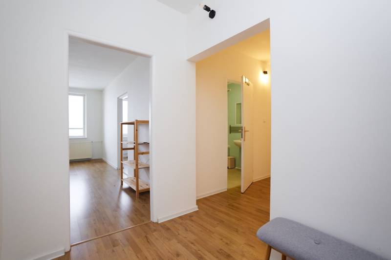 NA PREDAJ-3-izbový byt s loggiou a výhľadom na centrum mesta, KE-JUH - Interiér 3-izbového bytu s podlahou s dreveným dekorom, zahŕňa chodbu a kúpeľňu.