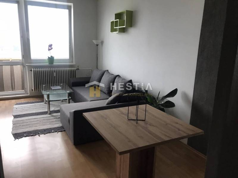 NOVINKA Prenájom 2 izbového bytu na Robotníckej ulici, voľný od 01.05. - Obývacia izba v 2-izbovom byte s pohovkou a podlahou s dreveným dekorom.