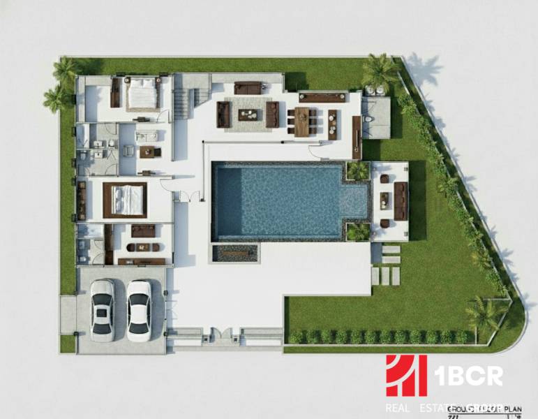 ŠTÝLOVÁ BOHO VILA S PRÉMIOVÝM DIZAJNOM – PATTAYA - Pôdorys Vily v Pattayi s bazénom, záhradou, terasou a dvojgarážou.