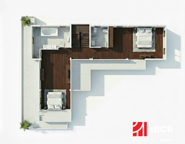 ŠTÝLOVÁ BOHO VILA S PRÉMIOVÝM DIZAJNOM – PATTAYA - Pôdorys vily s dvoma spálňami a kúpeľňou, využívajúcej podlahu s dreveným dekorom.