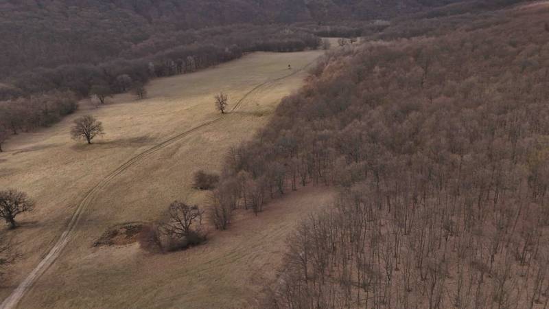 Príbelce – 3.748 m2 Lesný pozemok - Jesenná krajina Poľnohospodárskych a lesných pozemkov v okolí Príbeliec s cestnými stopami.