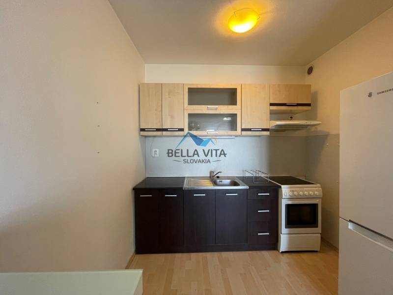 Prenájom 1 izbový byt v Galante, Hodská - Kuchynský kút v 1-izbovom byte s podlahou s dreveným dekorom a plynovým sporákom.
