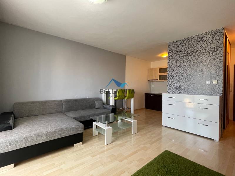 Prenájom 1 izbový byt v Galante, Hodská - Obývacia izba v 1-izbovom byte s podlahou s dreveným dekorom a kuchynským kútom.