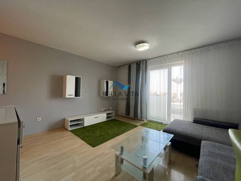 Prenájom 1 izbový byt v Galante, Hodská - Obývacia izba v 1-izbovom byte s podlahou s dreveným dekorom a skleneným stolíkom.