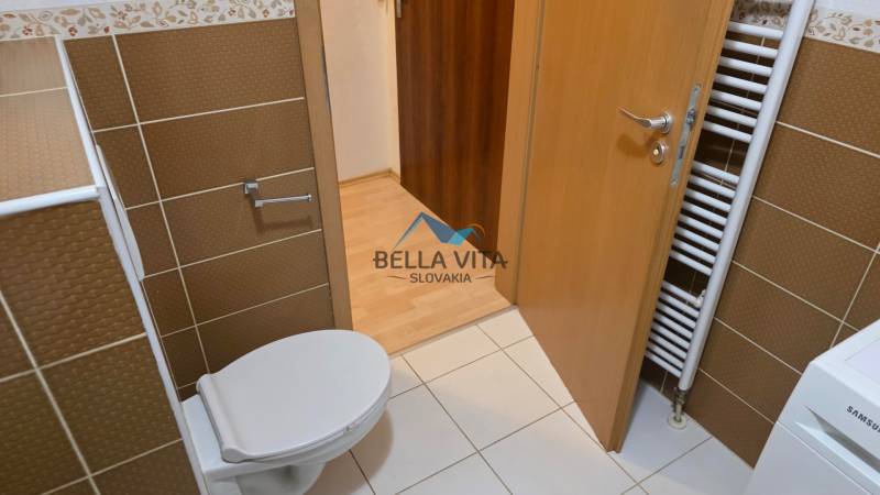 Prenájom 1 izbový byt v Galante, Hodská - Kúpeľňa v 1-izbovom byte s toaletou, dlažbou a hnedými obkladmi.