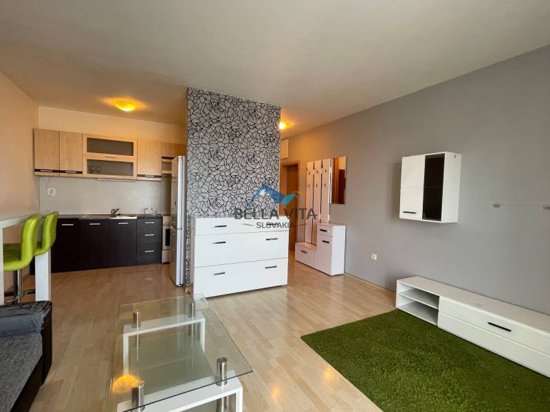 Prenájom 1 izbový byt v Galante, Hodská - Obývačka v 1-izbovom byte s kuchynským kútom a podlahou s dreveným dekorom.