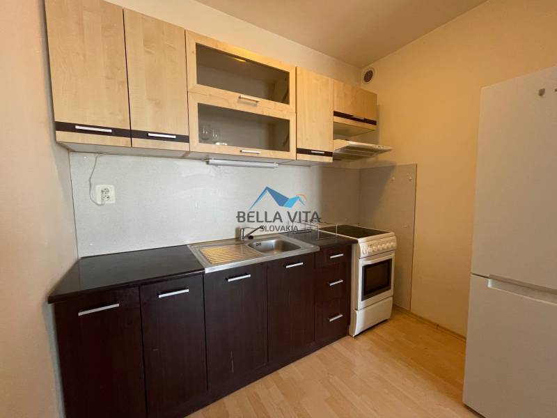 Prenájom 1 izbový byt v Galante, Hodská - Kuchyňa v 1-izbovom byte s dreveným dekorom podlahy a spotrebičmi.