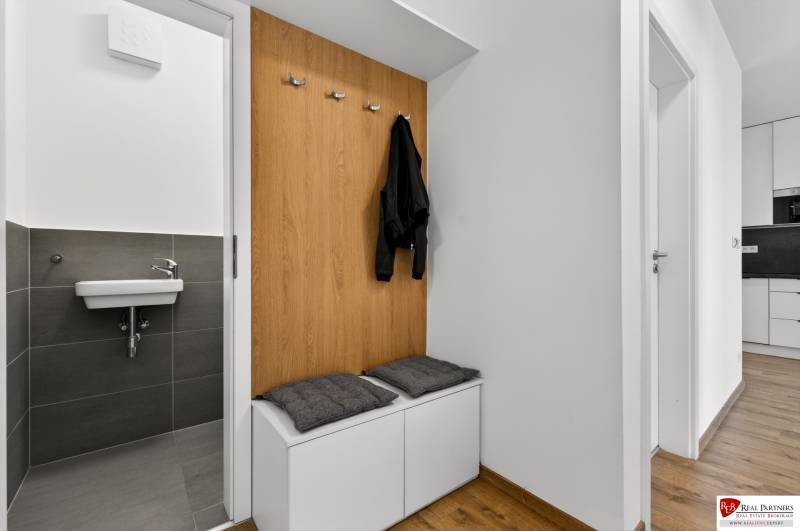 Predaj 2-izbový byt GREEN VILLAGE, 51m2, loggia, Dunajská Lužná - Predsieň v 2-izbovom byte s lavičkou, vešiakmi a umývadlom, podlaha s dreveným dekorom.