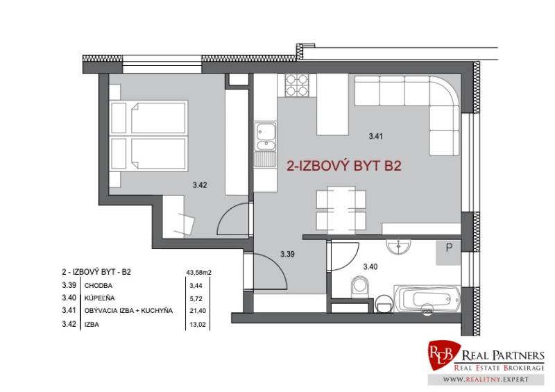 Predaj 2-izbový byt GREEN VILLAGE,44m2, loggia, Dunajská Lužná - Pôdorys 2-izbového bytu s kuchyňou a kúpeľňou, svetlé rozvrhnutie miestností.