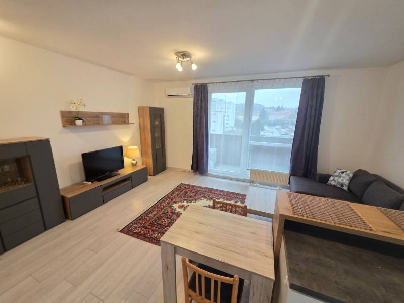 PRENÁJOM - 3 izbový byt v novostavbe - Nitra, blízko centra - Obývacia miestnosť v 3-izbovom byte s podlahou s dreveným dekorom a farebným kobercom.