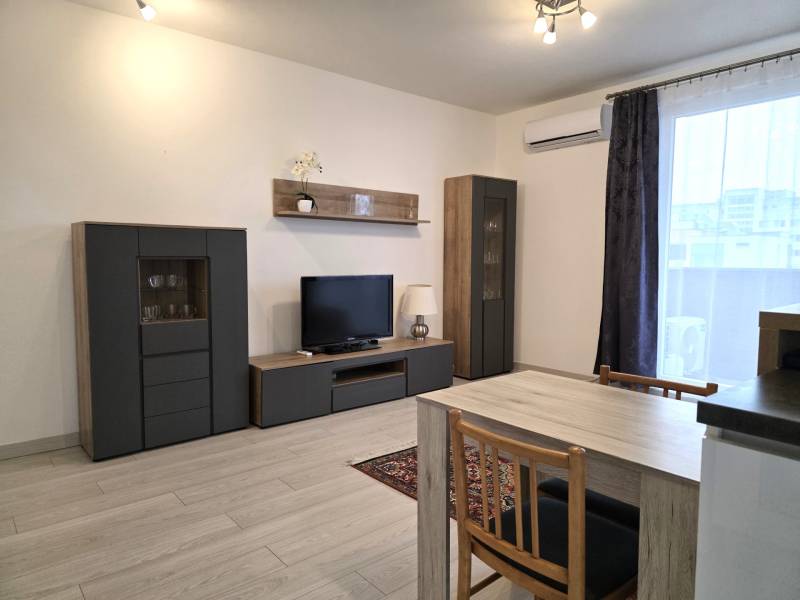 PRENÁJOM - 3 izbový byt v novostavbe - Nitra, blízko centra - Obývacia izba s TV, skrinkami, stolom a podlahou s dreveným dekorom v 3-izbovom byte.