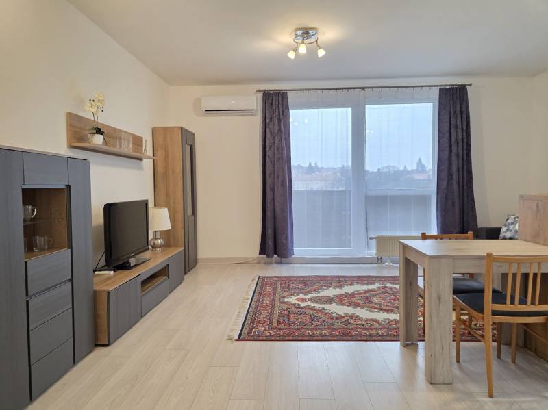 PRENÁJOM - 3 izbový byt v novostavbe - Nitra, blízko centra - Obývacia izba v 3-izbovom byte s podlahou s dreveným dekorom a veľkými oknami.